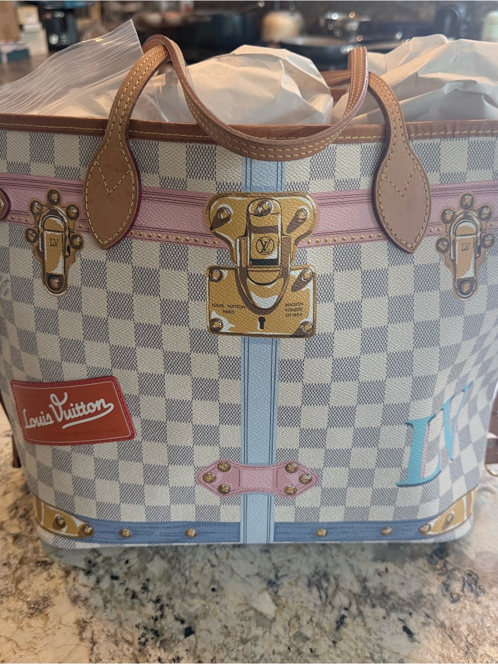 Louis Vuitton Cream Damier Tote with Pink & Light Blue Accents